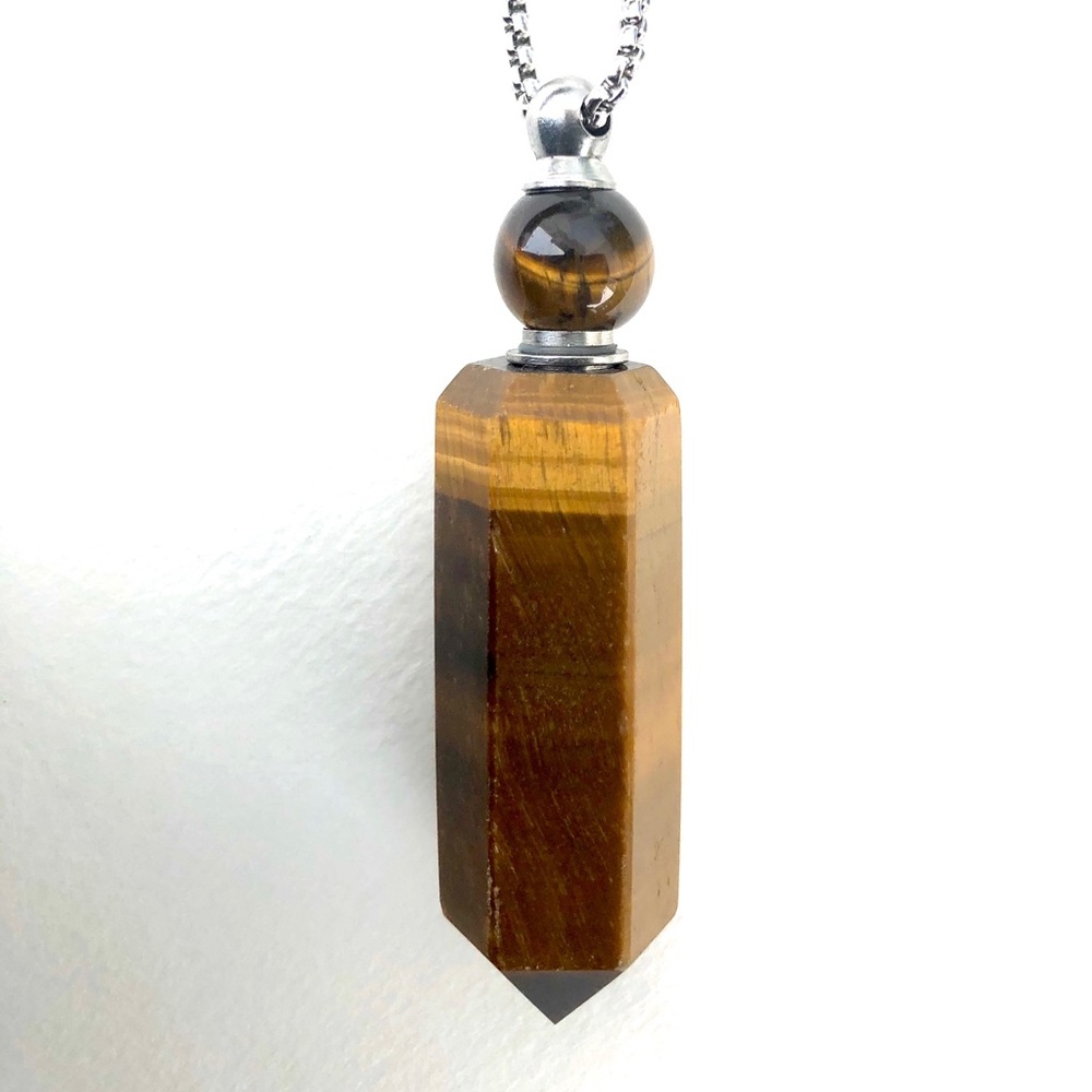COPY - Tiger Eye Essential Oil Necklace Perfume Bottle Faceted Point & Silver c…